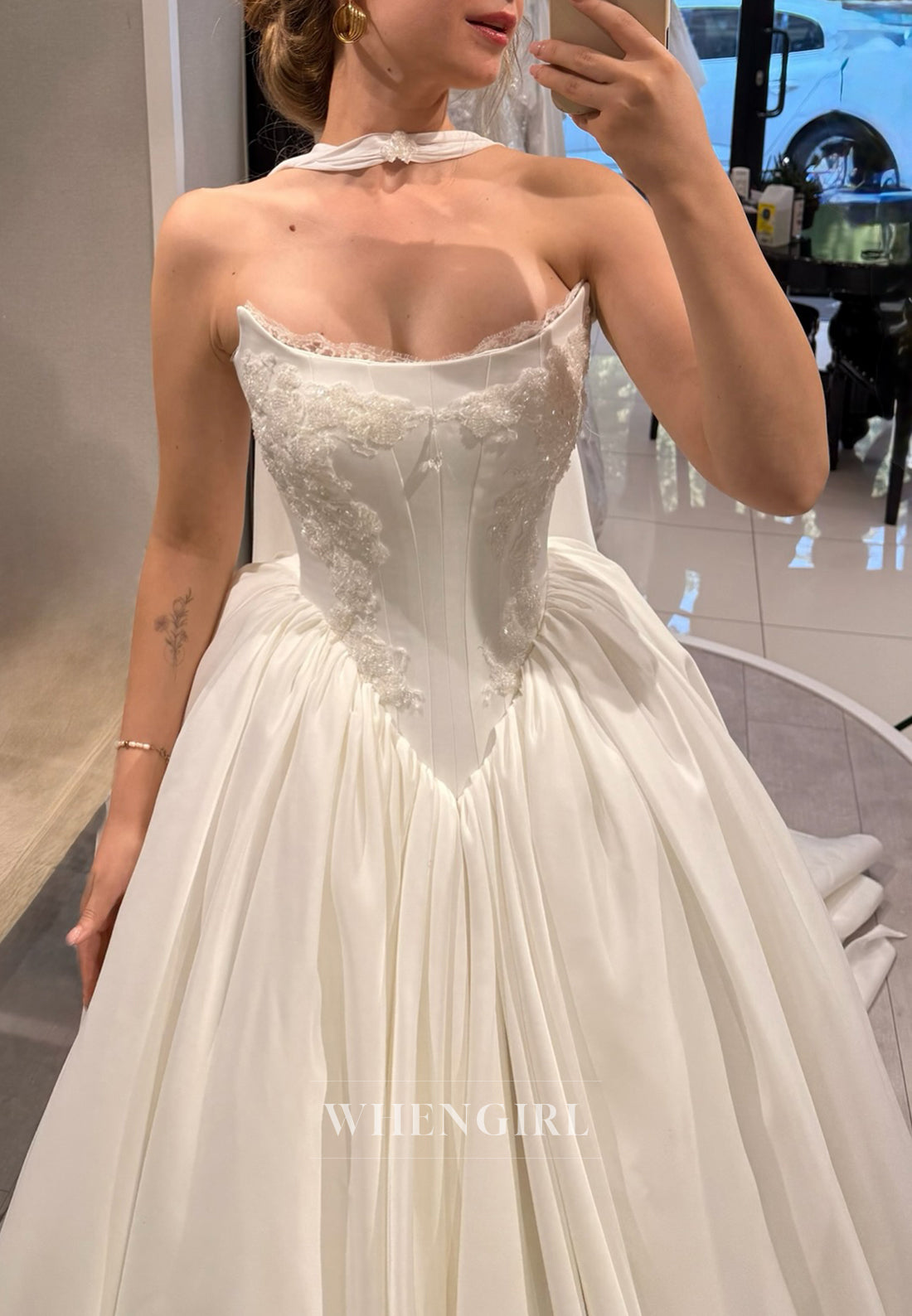 Strapless Beaded Sleeveless Ball Gown Satin Wedding Dress with Chapel Train Scarf