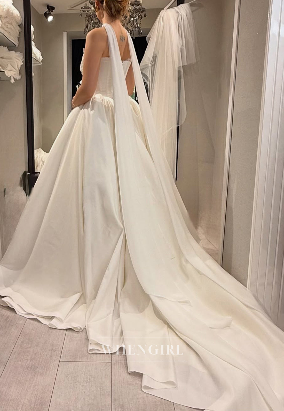 Strapless Beaded Sleeveless Ball Gown Satin Wedding Dress with Chapel Train Scarf