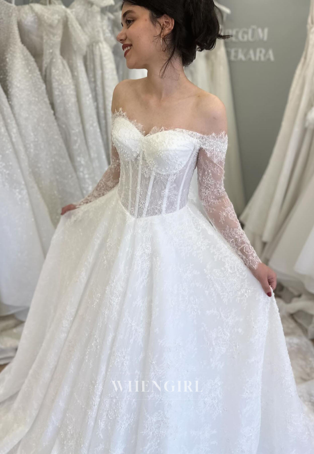A-Line Off Shoulder Long Sleeves Lace Court Train Wedding Dress