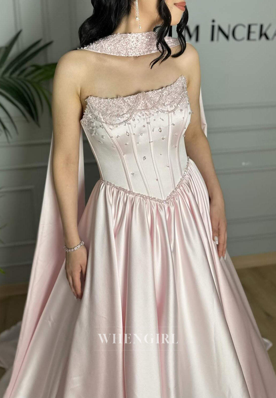 Pink Long Beaded Satin A-Line Evening Formal Dress with Scarf
