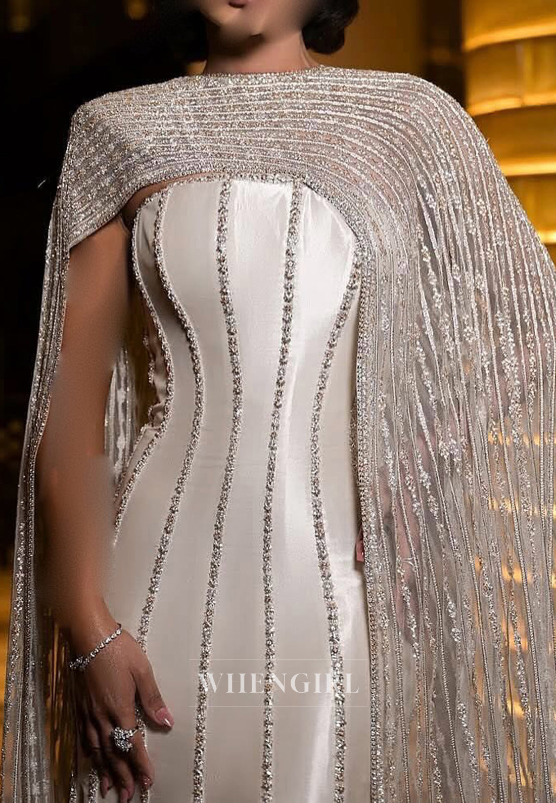 Beige Beaded Bateau Neck Mermaid Formal Evening Dress with Cape