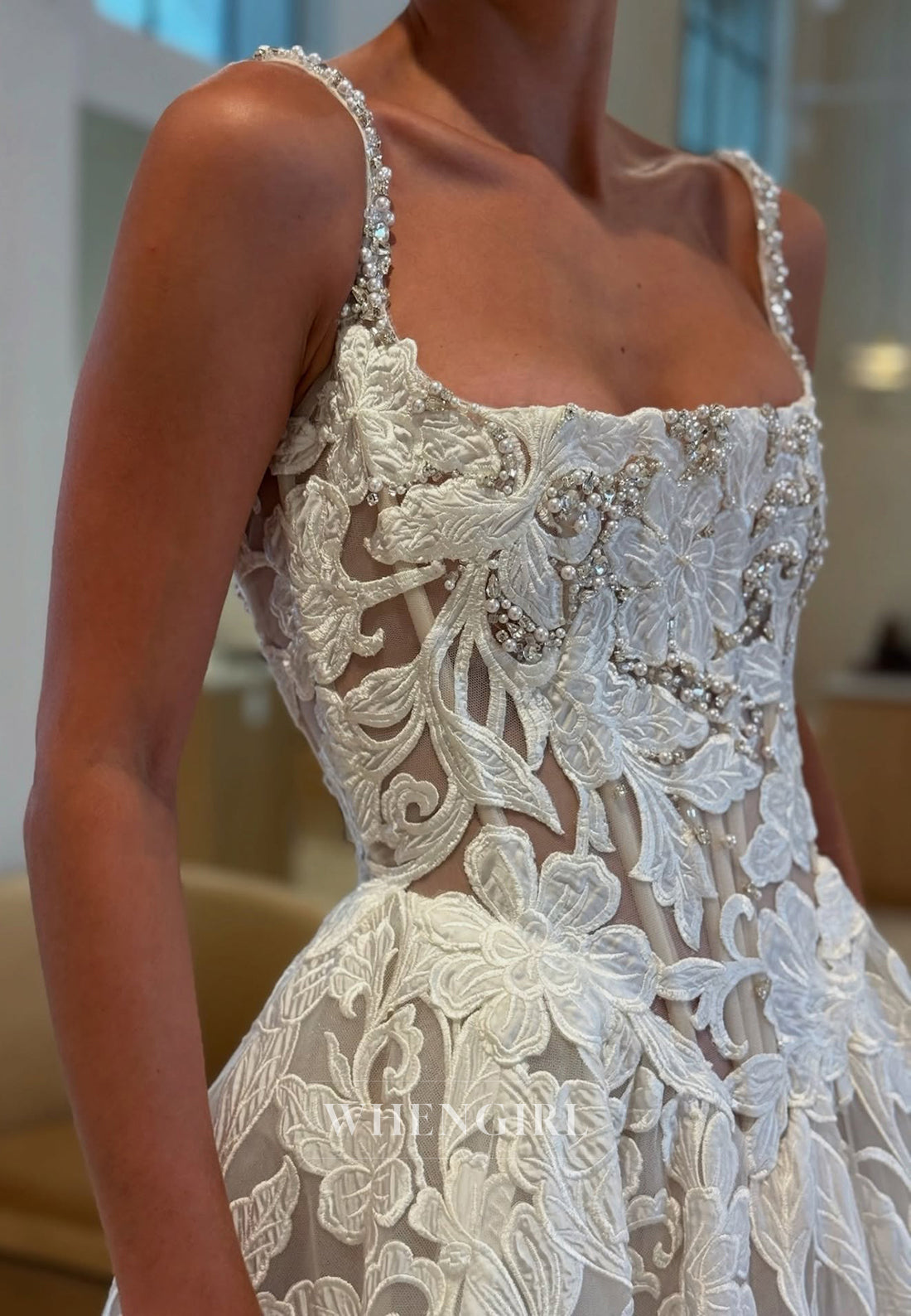 Square Neck Sleeveless Appliqued Beaded Straps A-Line Wedding Dress