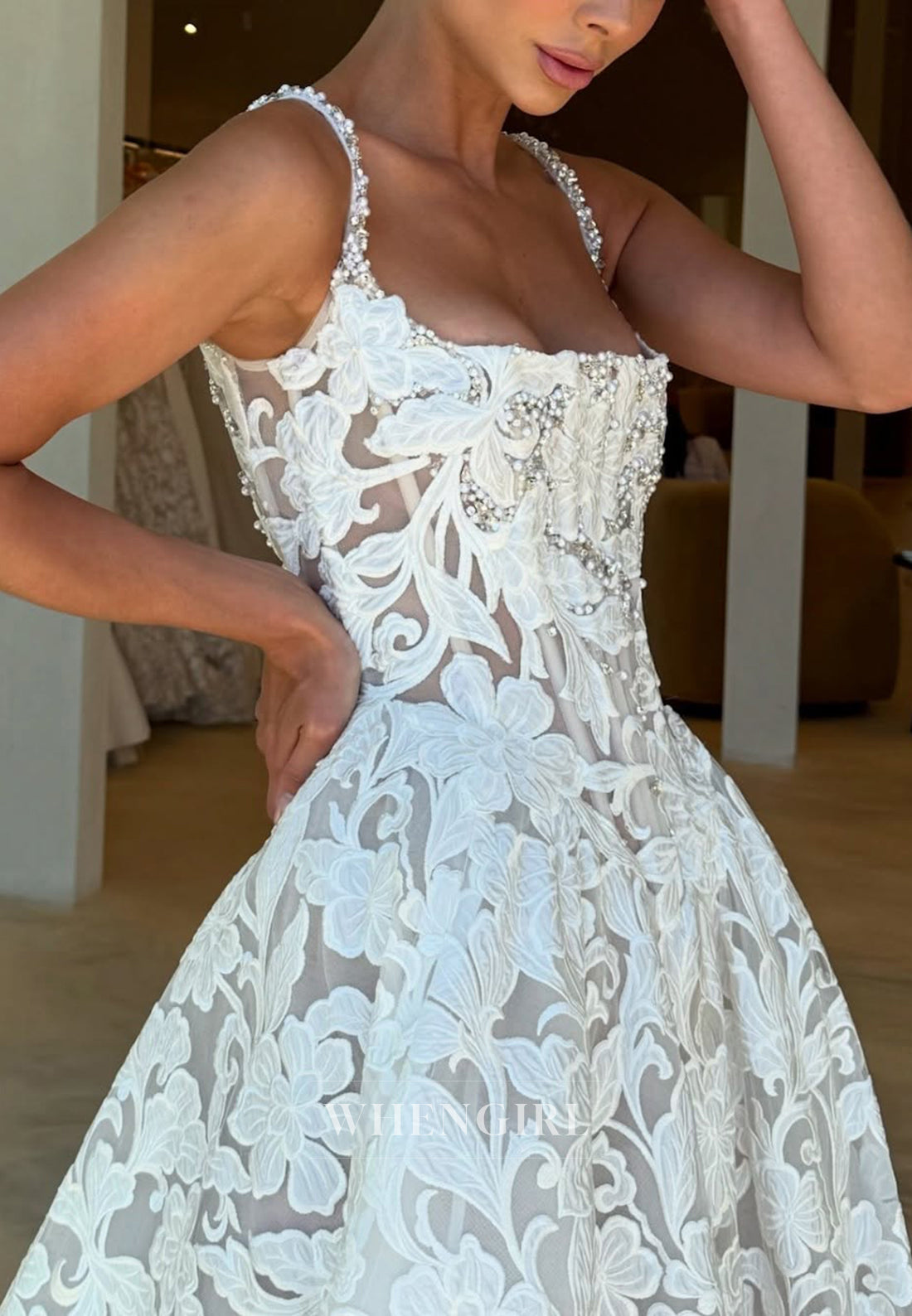 Square Neck Sleeveless Appliqued Beaded Straps A-Line Wedding Dress