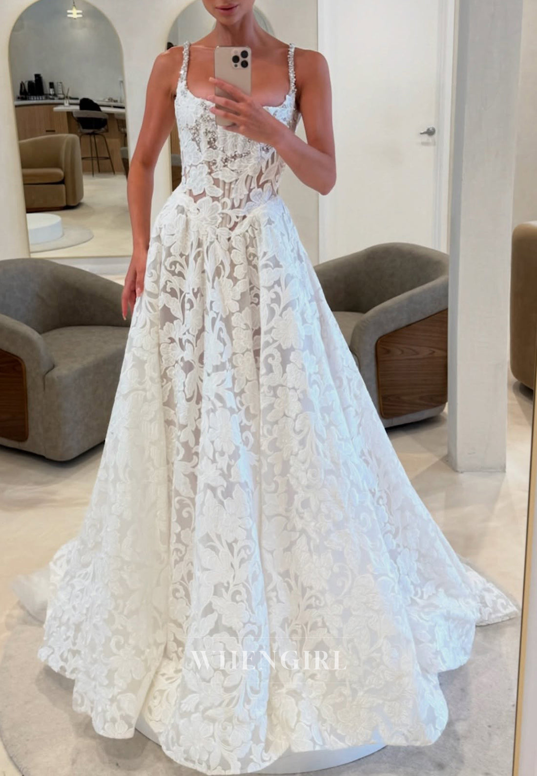 Square Neck Sleeveless Appliqued Beaded Straps A-Line Wedding Dress