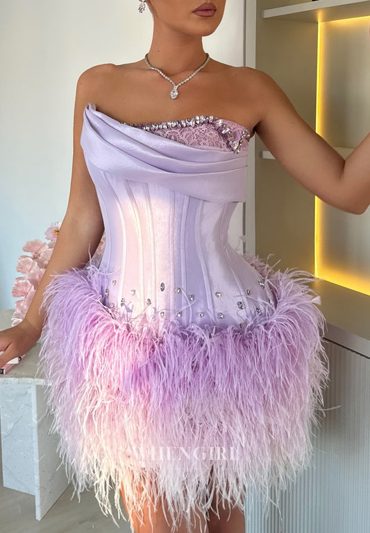 Lilac Sheath Sleeveless Asymmetrical Neck Beaded Feather Sheath Homecoming Dress