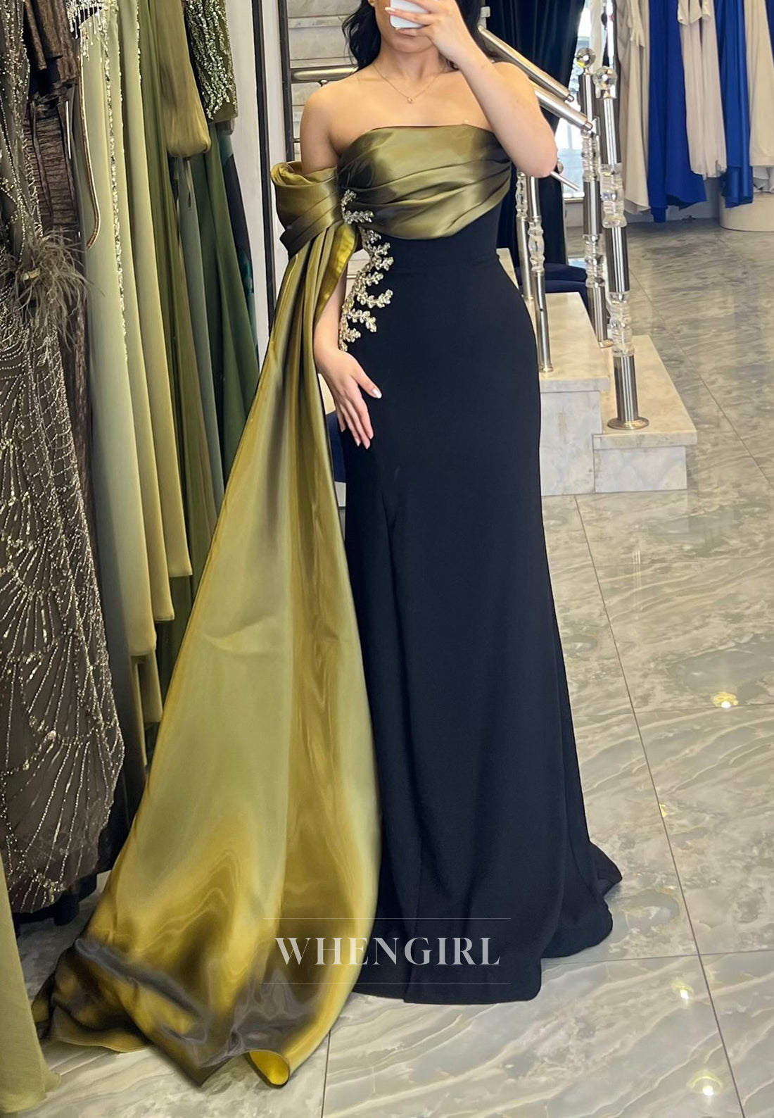 Black and Green One Shoulder Pleated Formal Gown Beaded Side Train Sle WhenGirl Black and Green One Shoulder Pleated Formal Gown Beaded Side Train Sle WhenGirl
