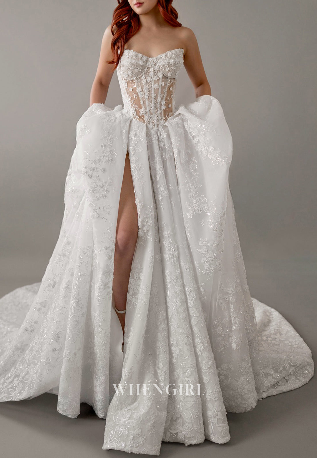 Ball Gown Appliqued Lace Side Slit Back Zipper Chapel Train Wedding Dress with Detachable Long Sleeves
