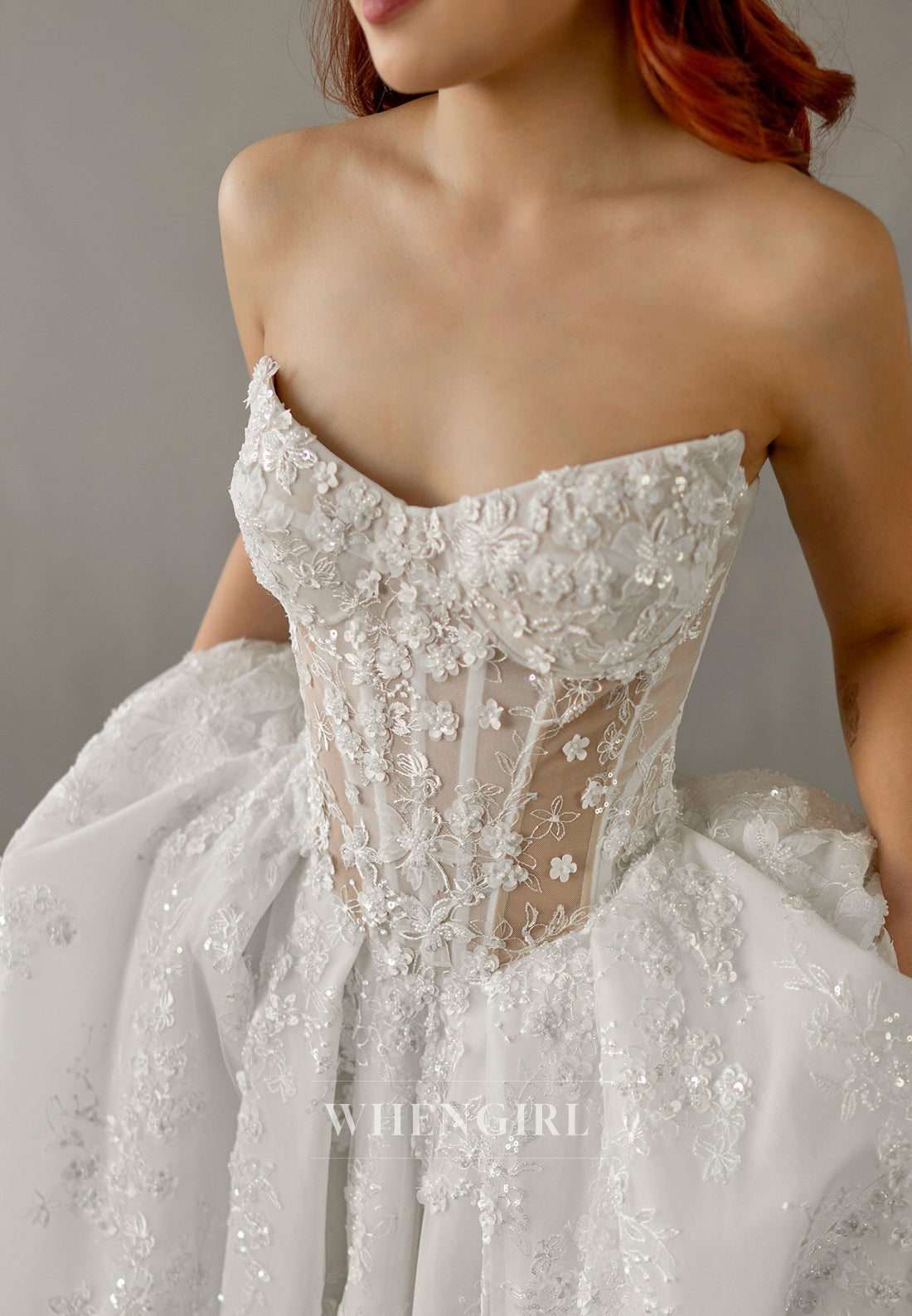 Ball Gown Appliqued Lace Side Slit Back Zipper Chapel Train Wedding Dress with Detachable Long Sleeves