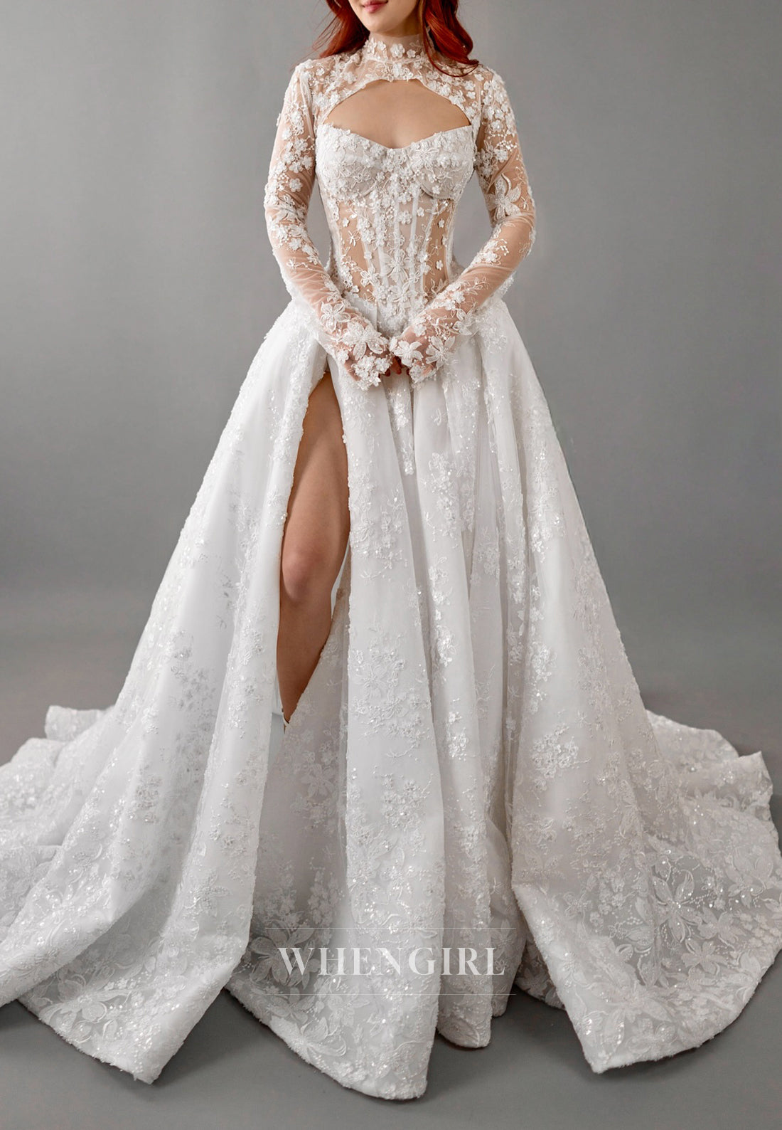 Ball Gown Appliqued Lace Side Slit Back Zipper Chapel Train Wedding Dress with Detachable Long Sleeves