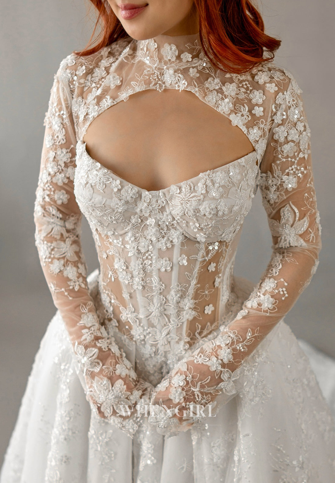 Ball Gown Appliqued Lace Side Slit Back Zipper Chapel Train Wedding Dress with Detachable Long Sleeves