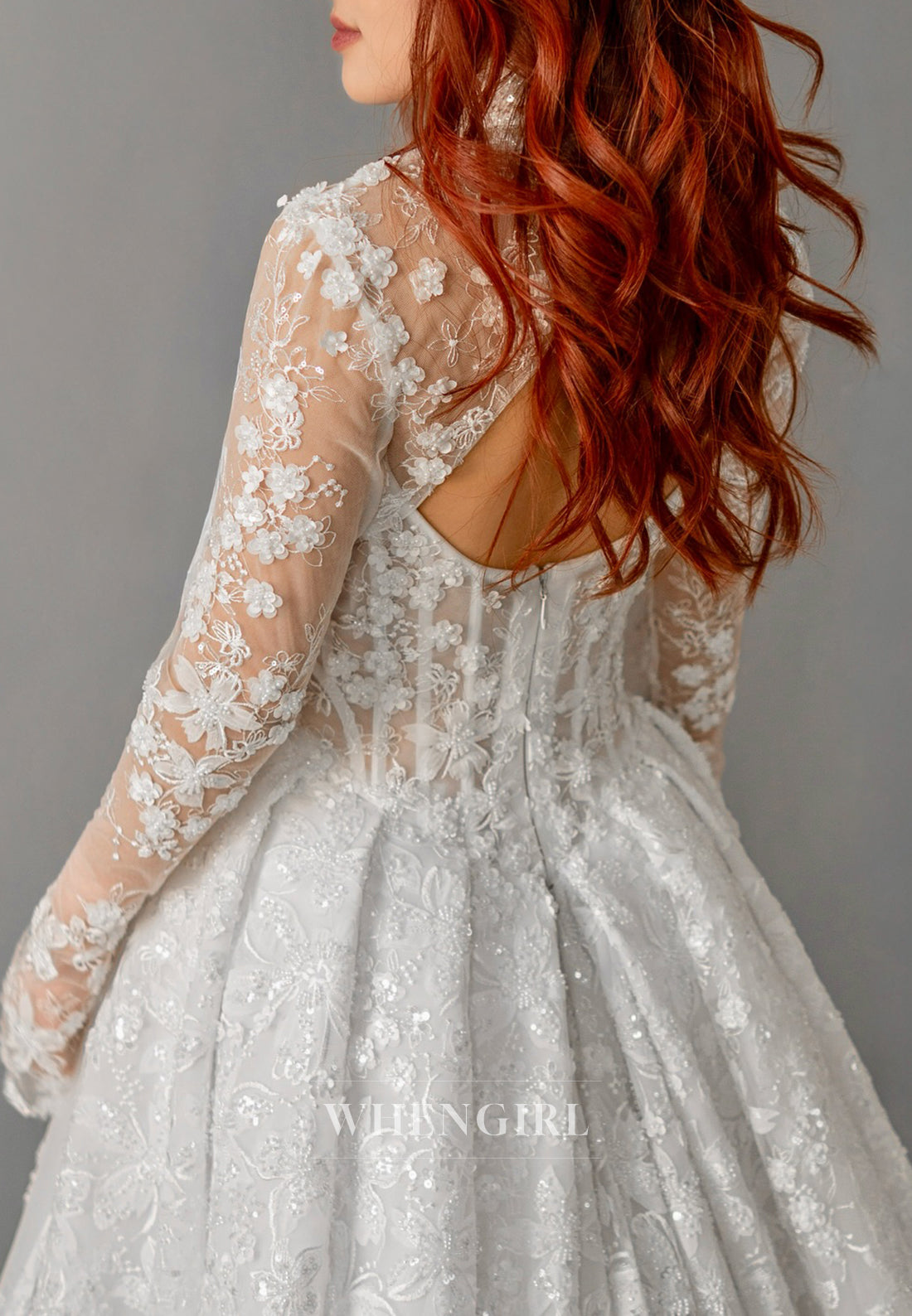 Ball Gown Appliqued Lace Side Slit Back Zipper Chapel Train Wedding Dress with Detachable Long Sleeves