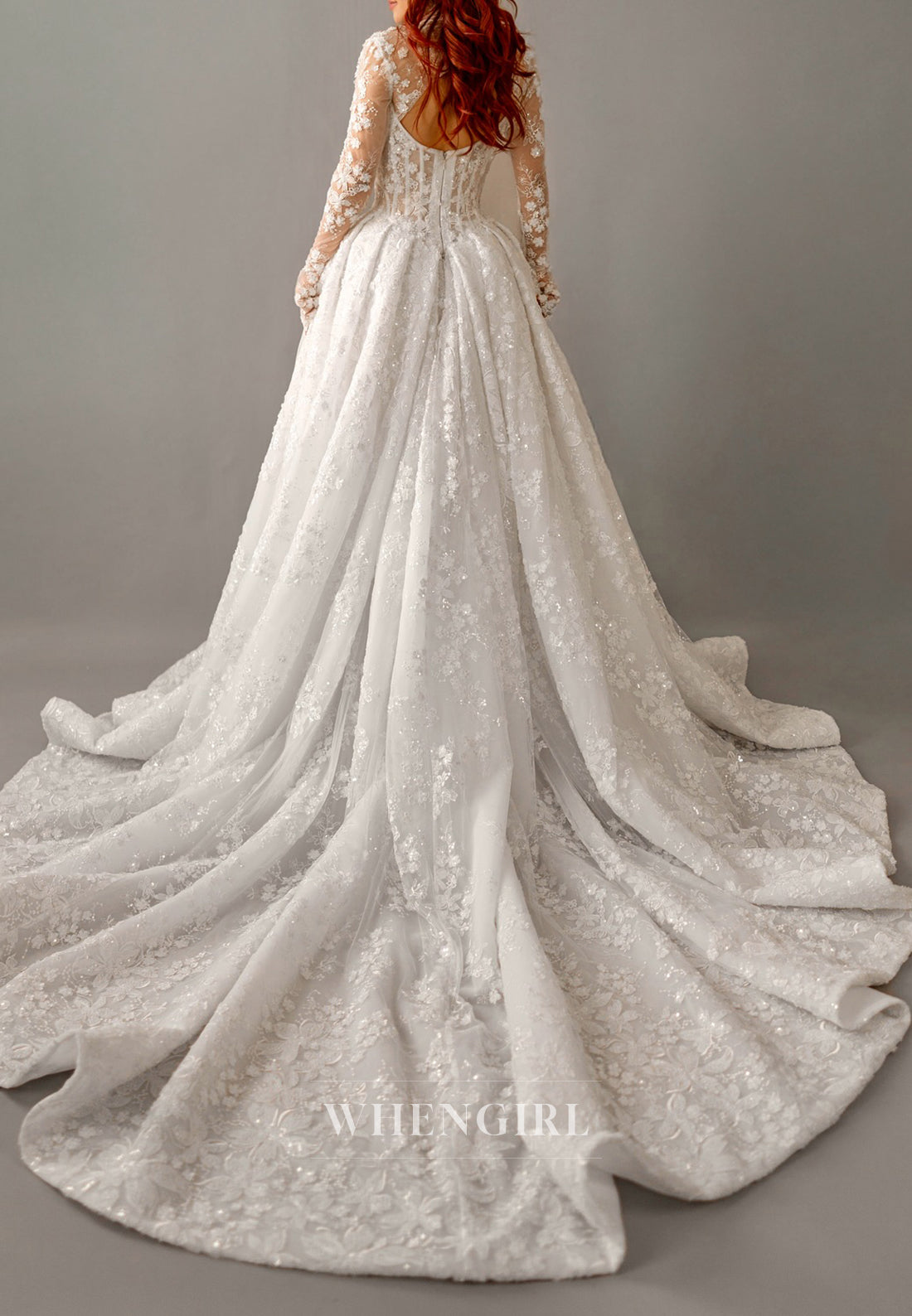 Ball Gown Appliqued Lace Side Slit Back Zipper Chapel Train Wedding Dress with Detachable Long Sleeves