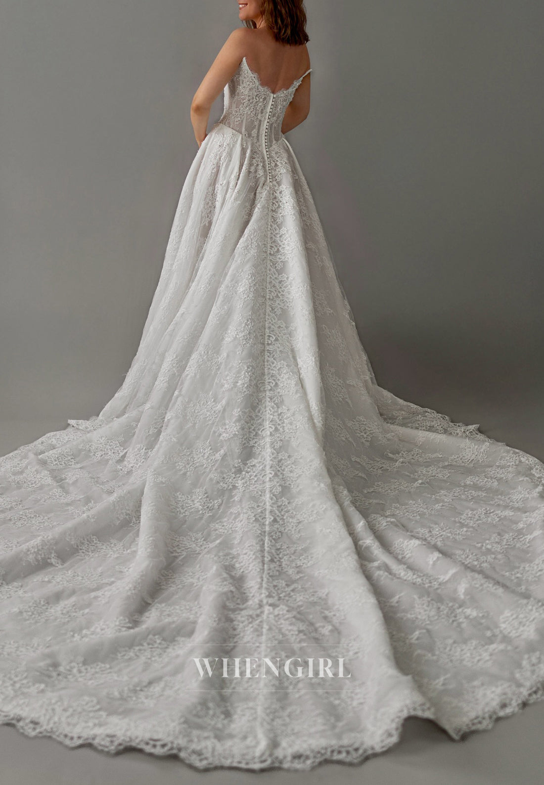 Strapless Sleeveless Appliqued Lace Beaded Side Slit A-Line Chapel Train Wedding Dress