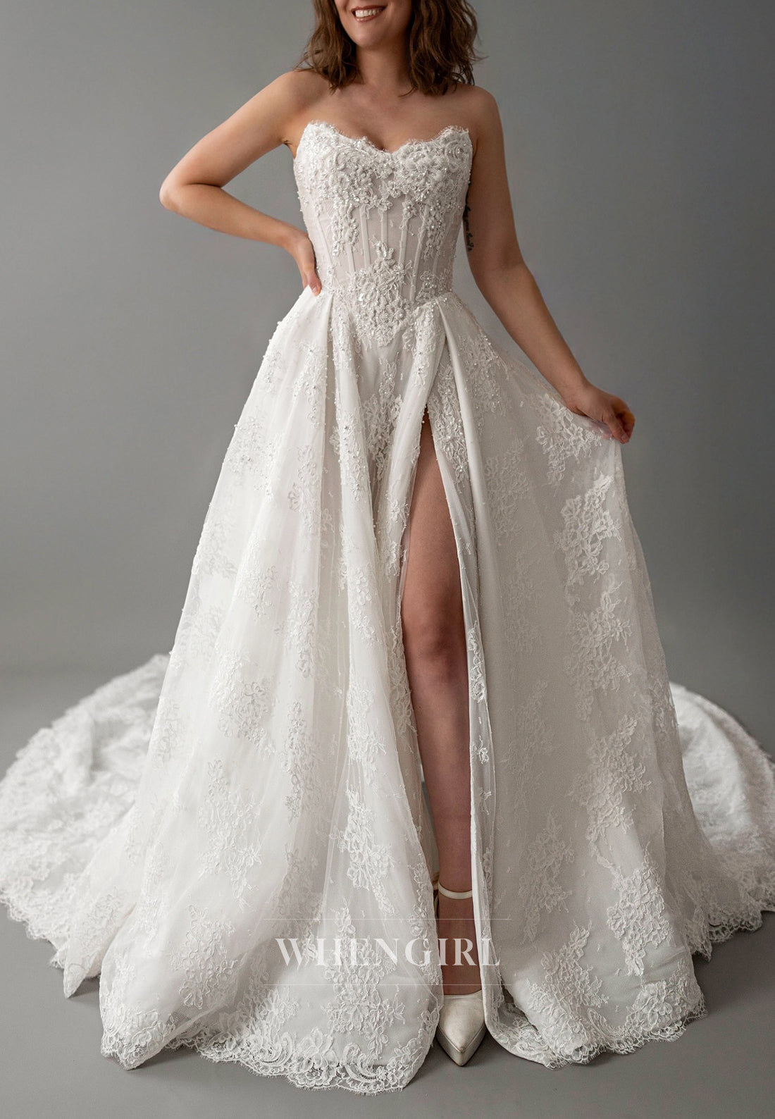 Strapless Sleeveless Appliqued Lace Beaded Side Slit A-Line Chapel Train Wedding Dress