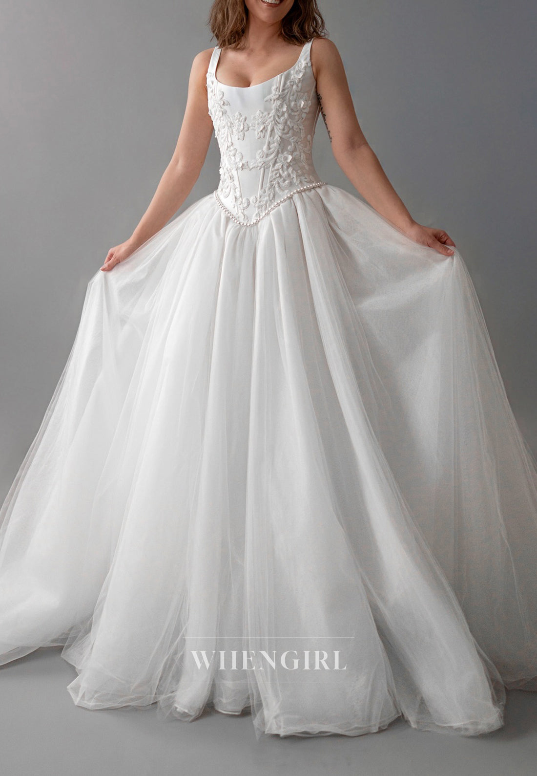 Scoop Neck Regular Straps Sleeveless Beaded Lace Up A-Line Wedding Dress with Chapel Train