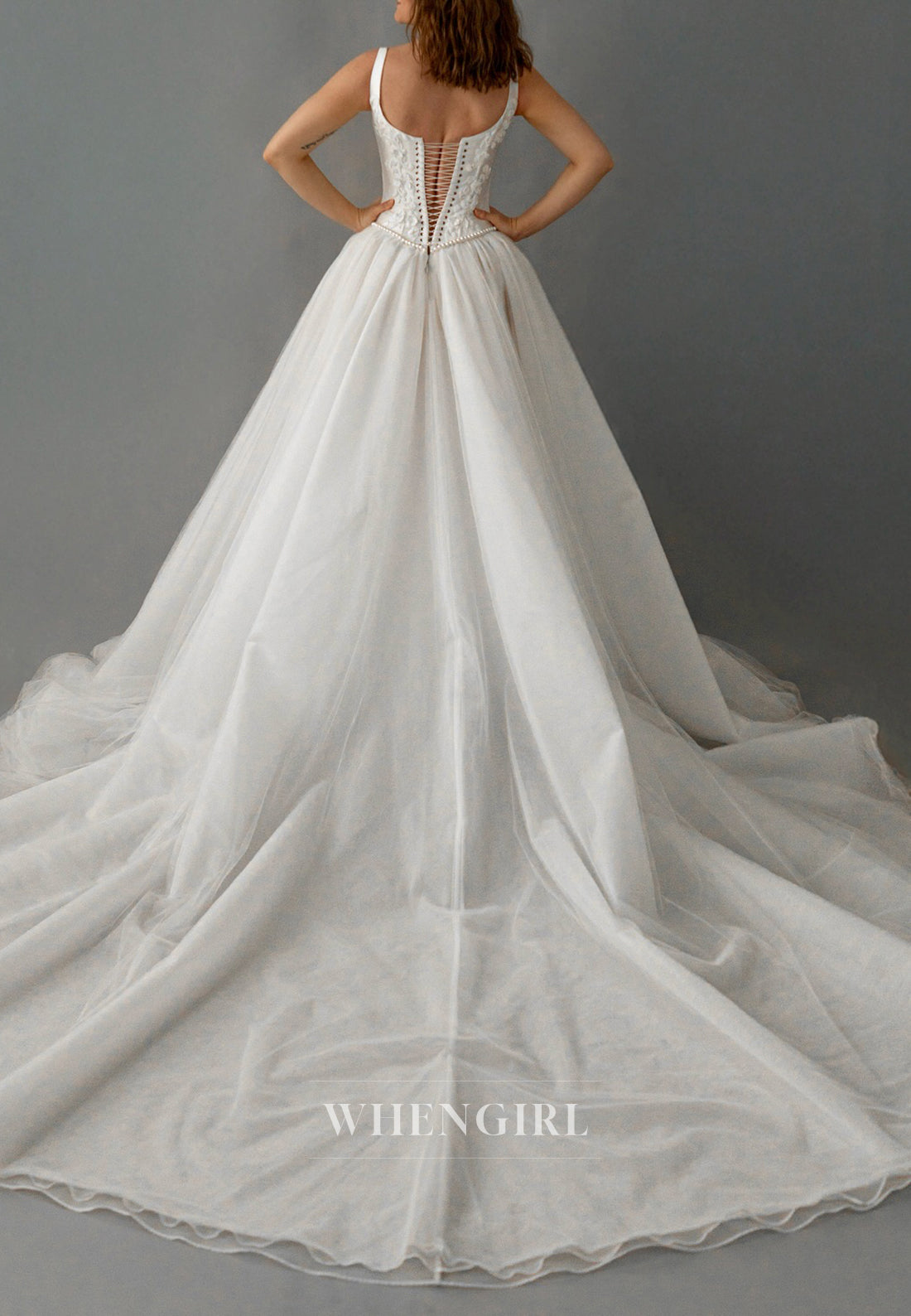 Scoop Neck Regular Straps Sleeveless Beaded Lace Up A-Line Wedding Dress with Chapel Train