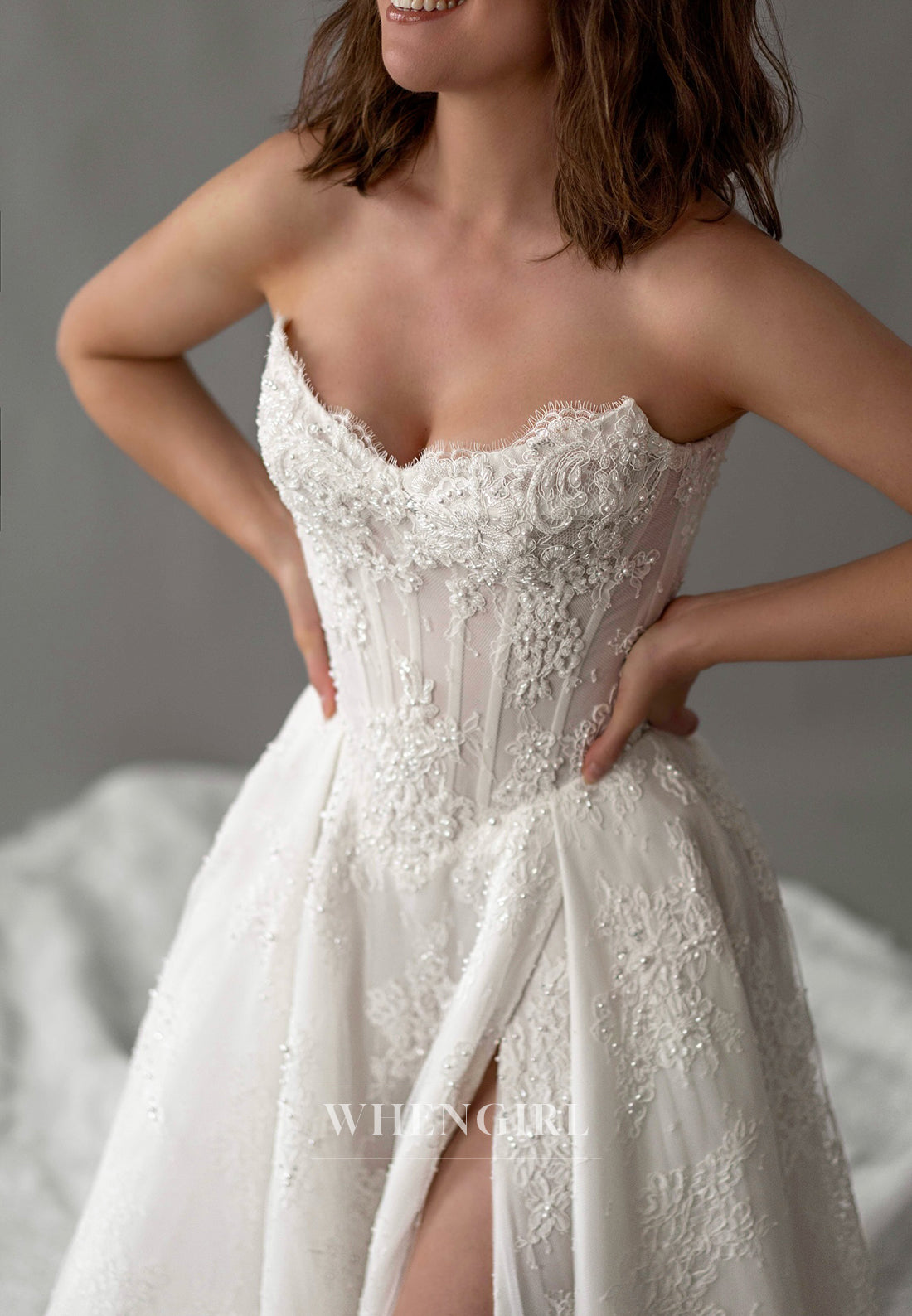 Strapless Sleeveless Appliqued Lace Beaded Side Slit A-Line Chapel Train Wedding Dress