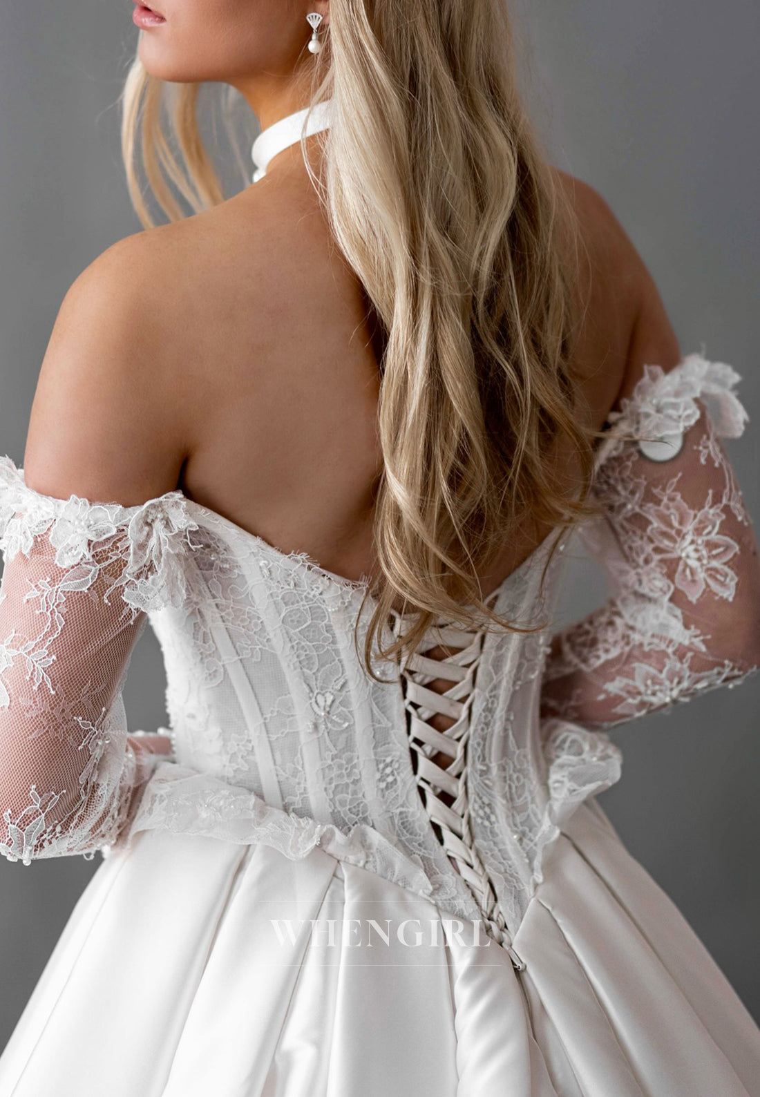 Off Shoulder Beaded Lace Long Sleeves Ball Gown Wedding Dress with Chapel Train