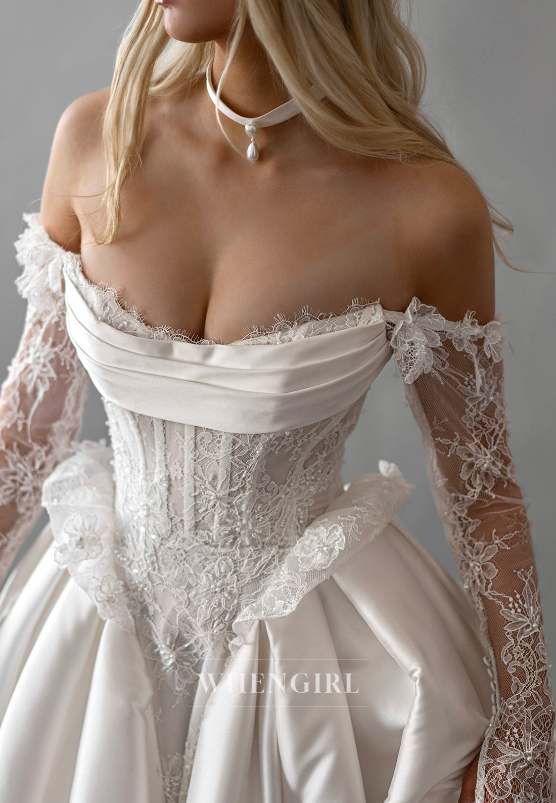 Off Shoulder Beaded Lace Long Sleeves Ball Gown Wedding Dress with Chapel Train