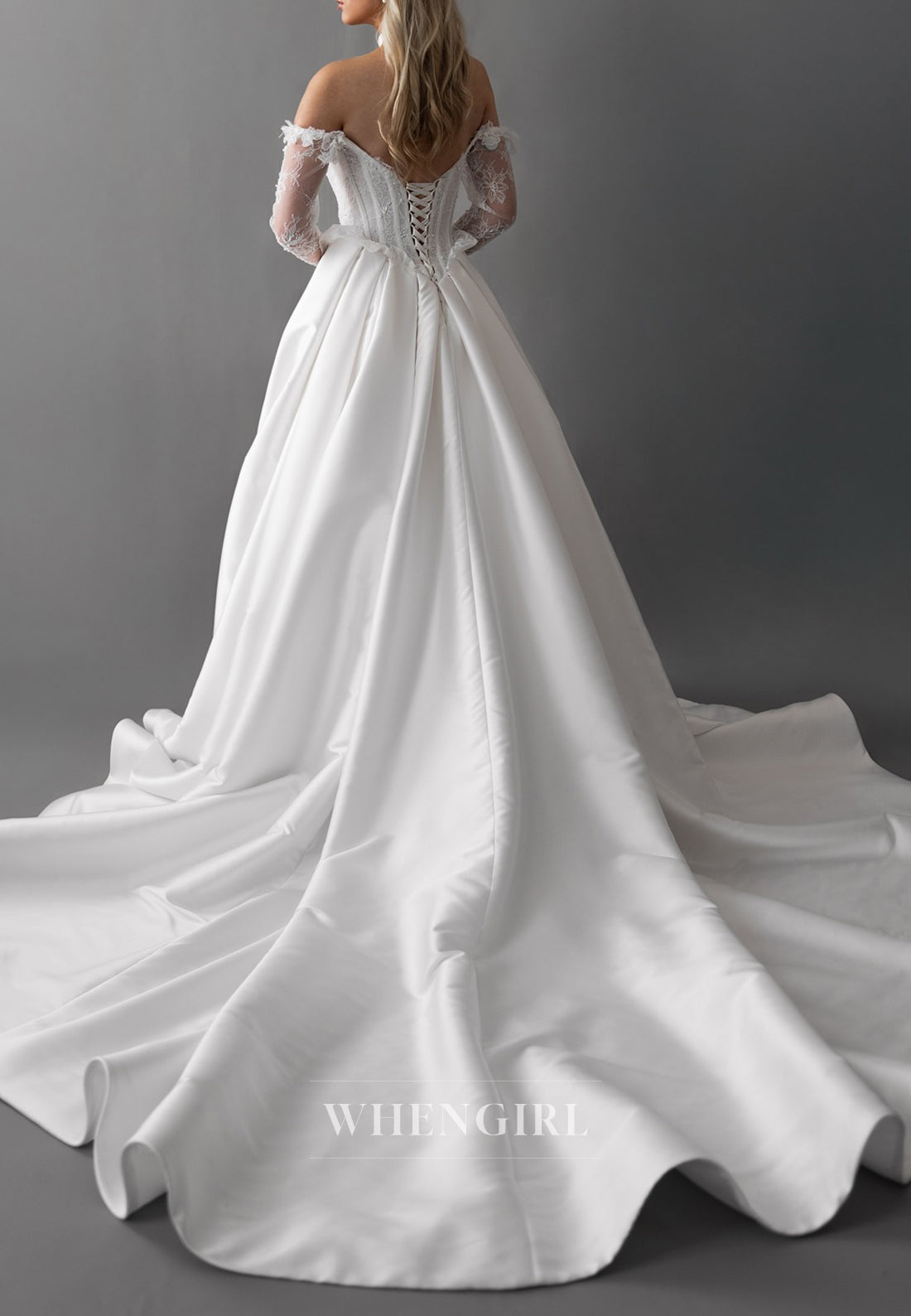 Off Shoulder Beaded Lace Long Sleeves Ball Gown Wedding Dress with Chapel Train