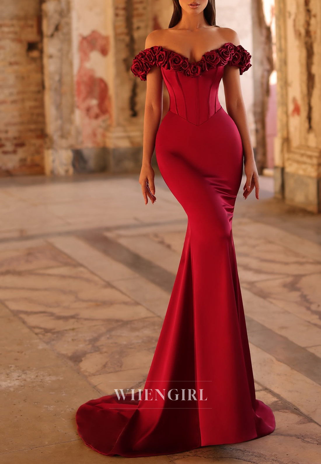 Burgundy Sweep Train 3D Flowers Sweetheart Mermaid Evening Formal Dress