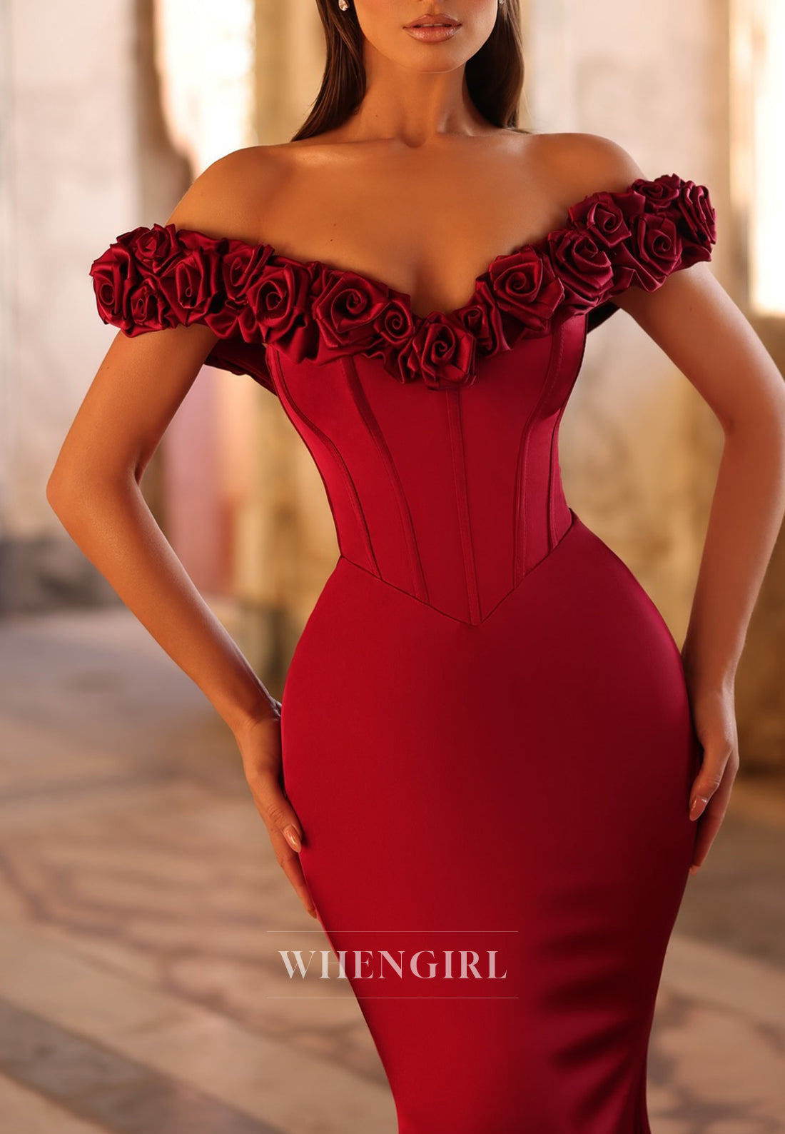 Burgundy Sweep Train 3D Flowers Sweetheart Mermaid Evening Formal Dress