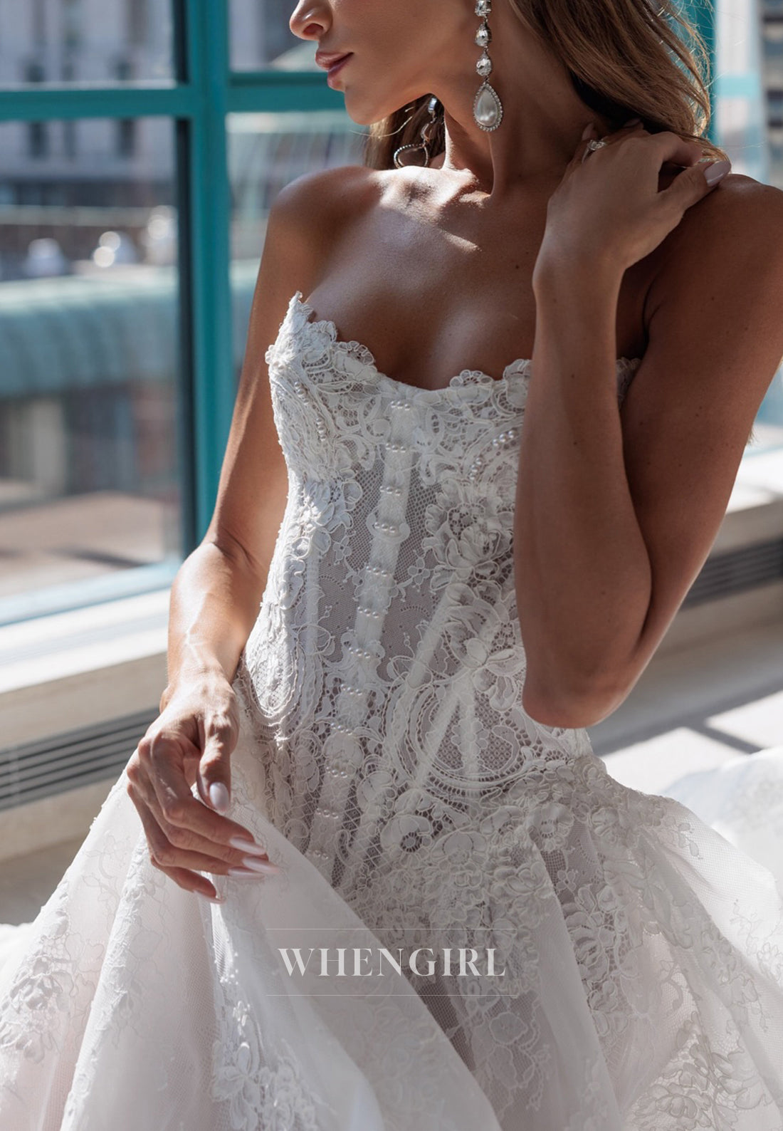 Graceful Lace V Neck Long Sleeves Corset A-Line Wedding Dress with Chapel Train