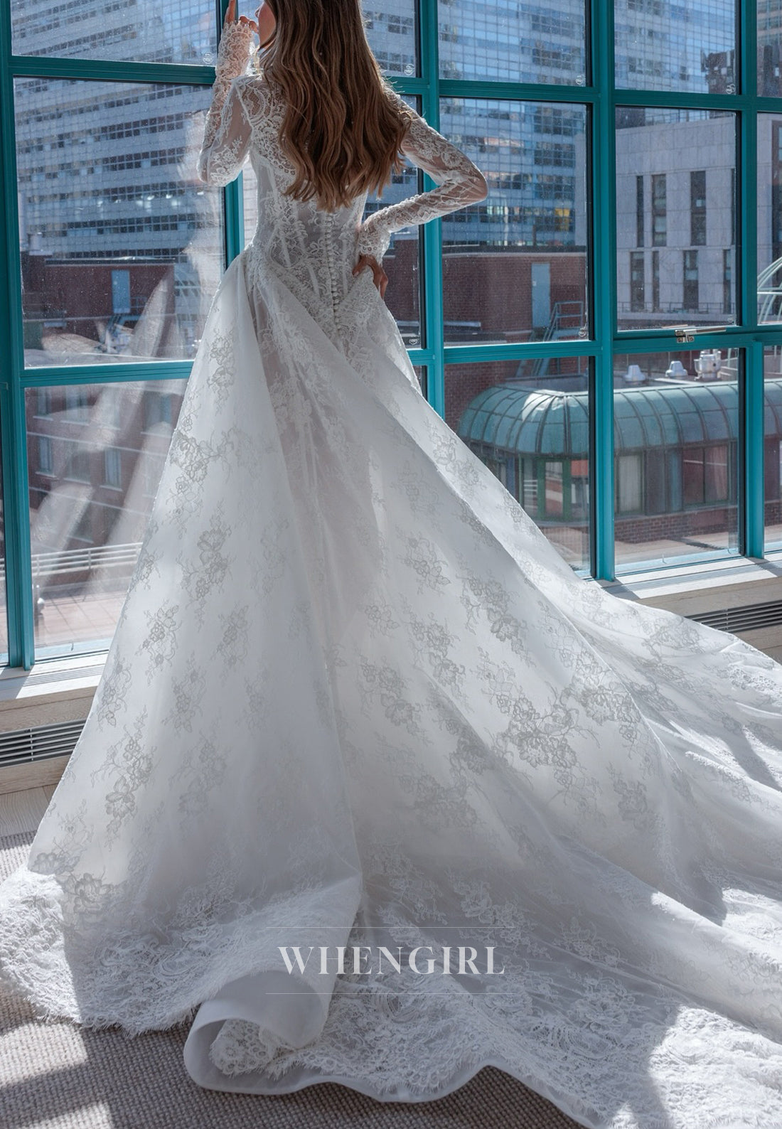 Graceful Lace V Neck Long Sleeves Corset A-Line Wedding Dress with Chapel Train