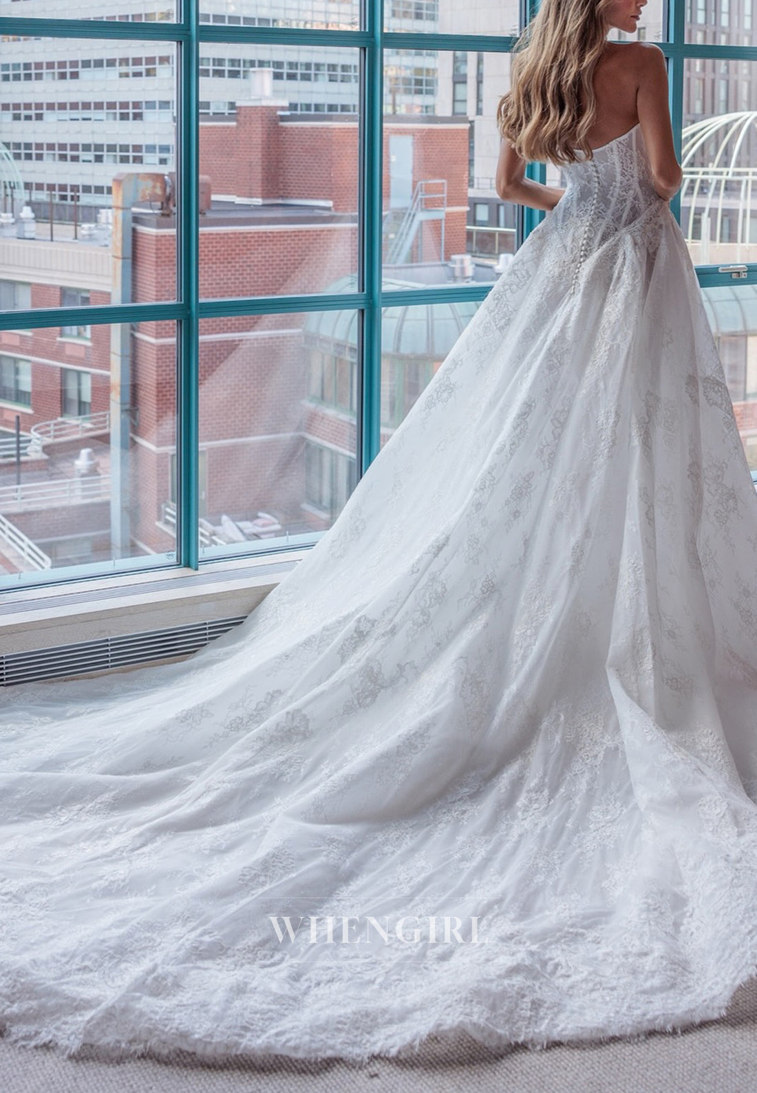 Graceful Lace V Neck Long Sleeves Corset A-Line Wedding Dress with Chapel Train