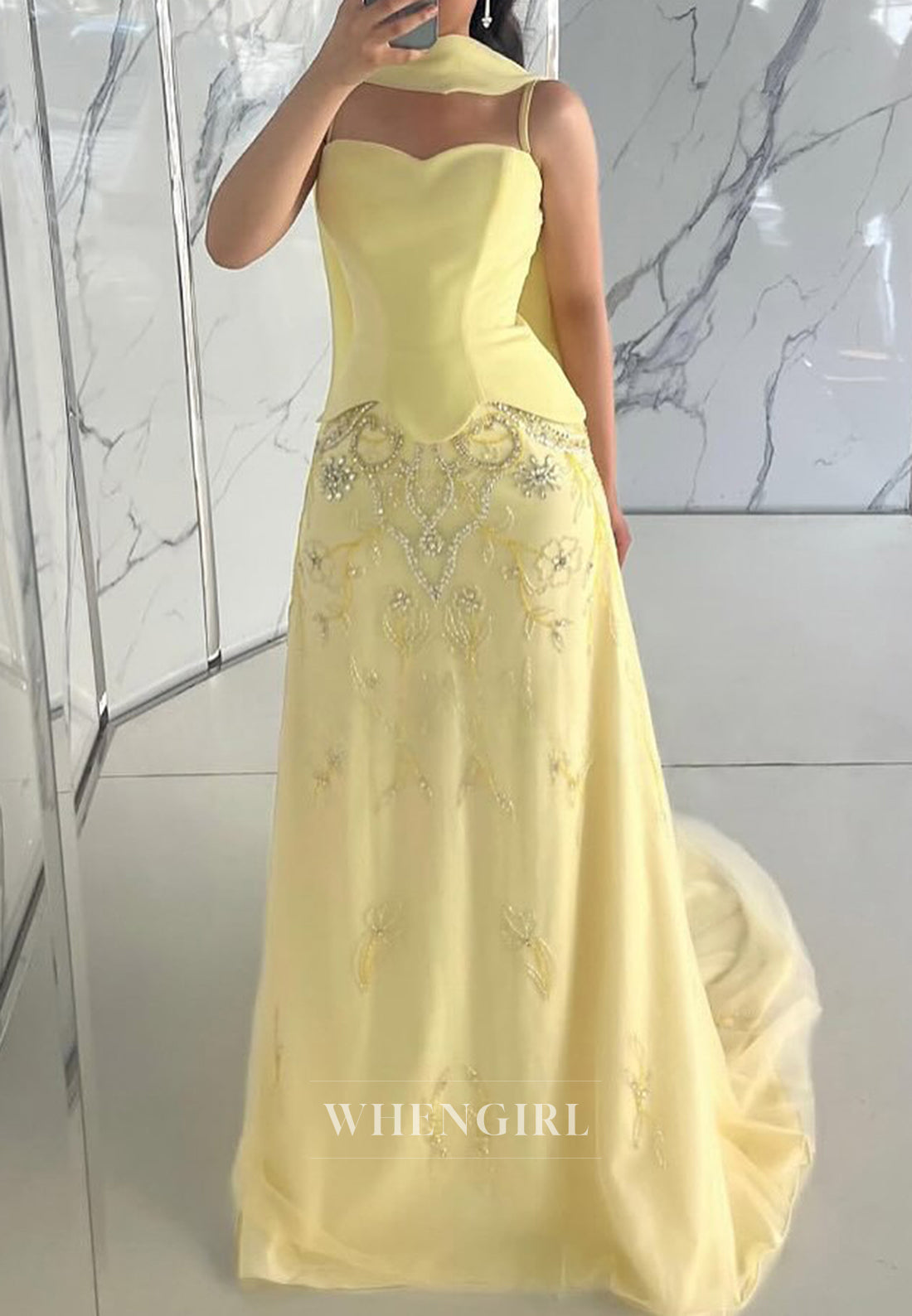 Daffodil Column Sweetheart Sleeveless Beaded Sweep Train Formal Evening Gown with Scarf