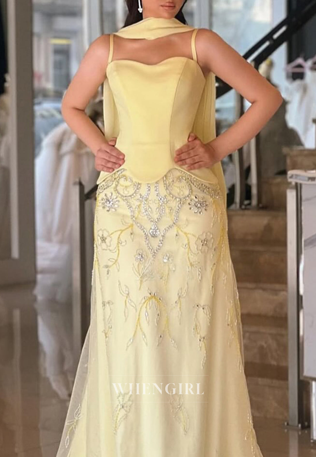 Daffodil Column Sweetheart Sleeveless Beaded Sweep Train Formal Evening Gown with Scarf