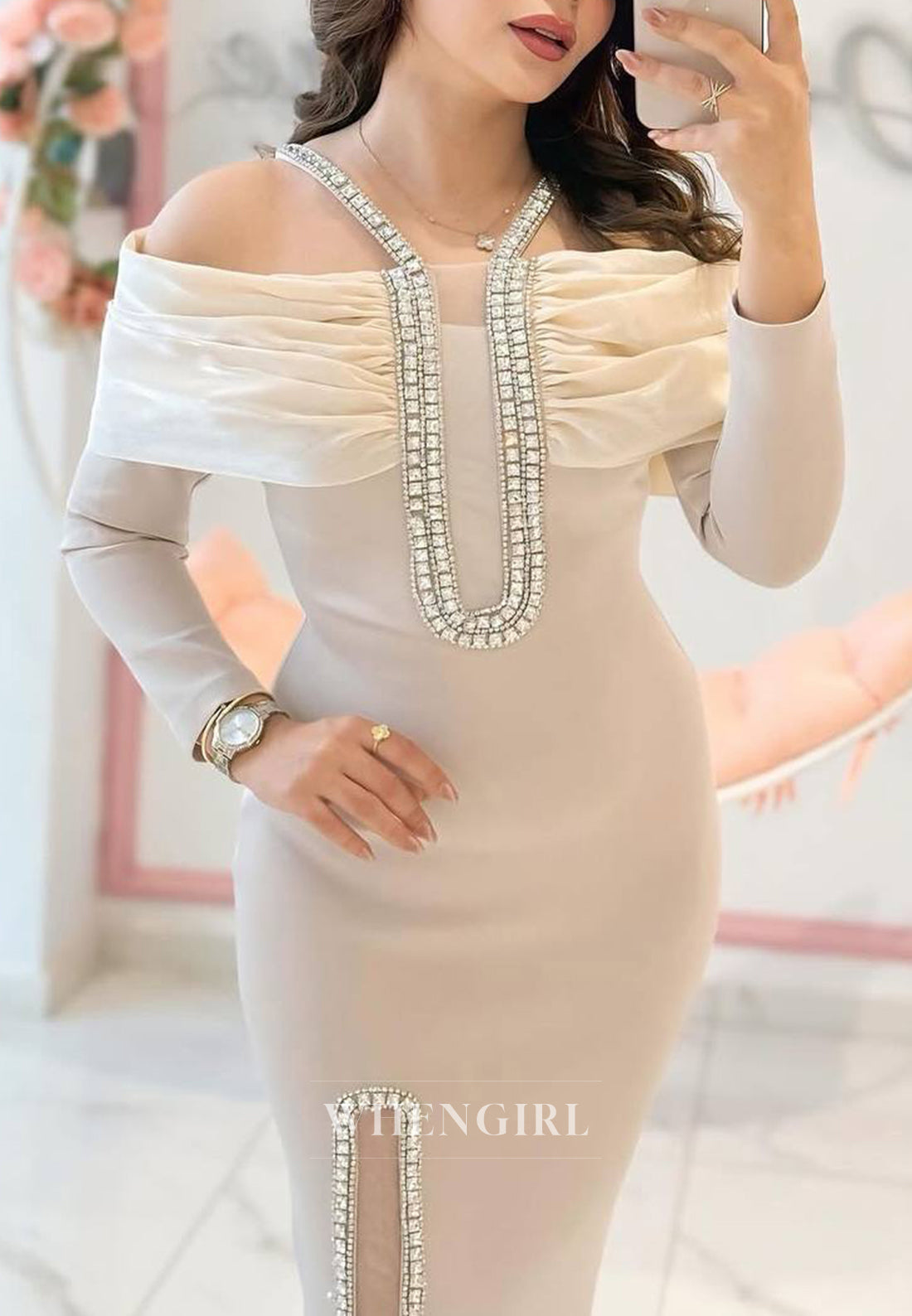 Khaki Rhinestones Beading Straps Long Sleeves Pleated Sheath Side Slit Formal Gown