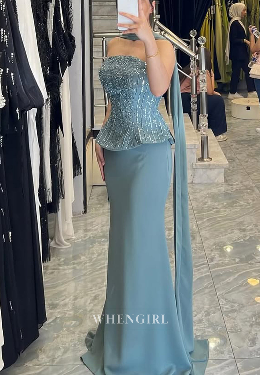 Blue Sleeveless Beaded Sheath Floor Length Formal Evening Dress with Scarf