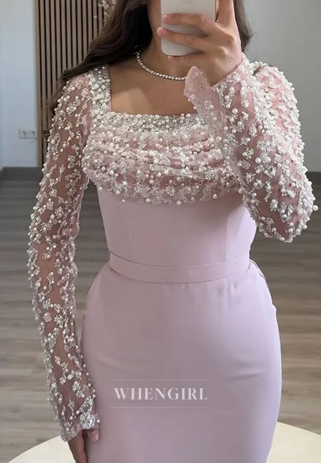 Pale Blush Pearls Beading Square Neck Long Sleeves Sheath Long Formal Evening Gown