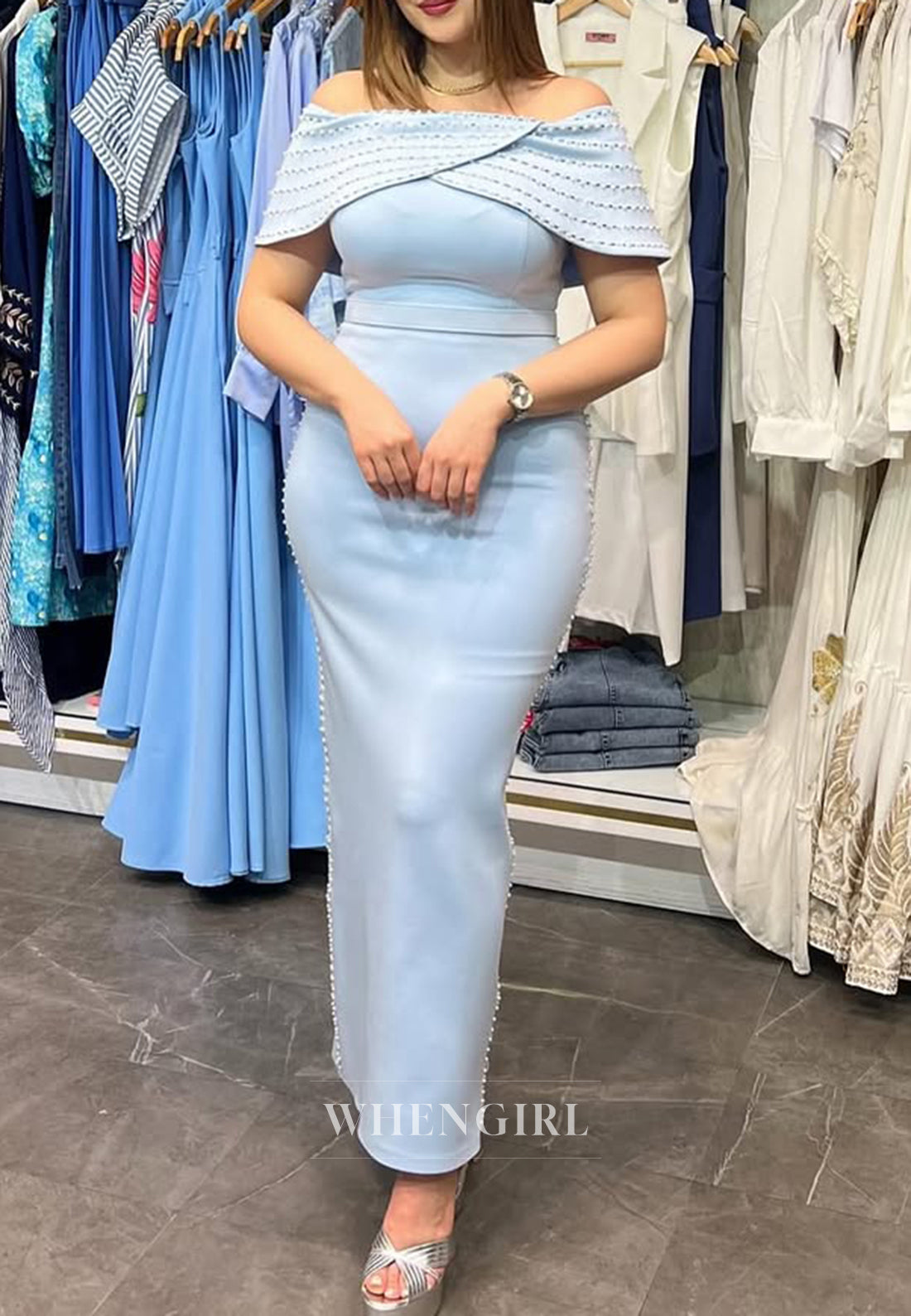 Elegant Sheath Off Shoulder Beaded Ankle Length Formal Evening Gown Party Dress