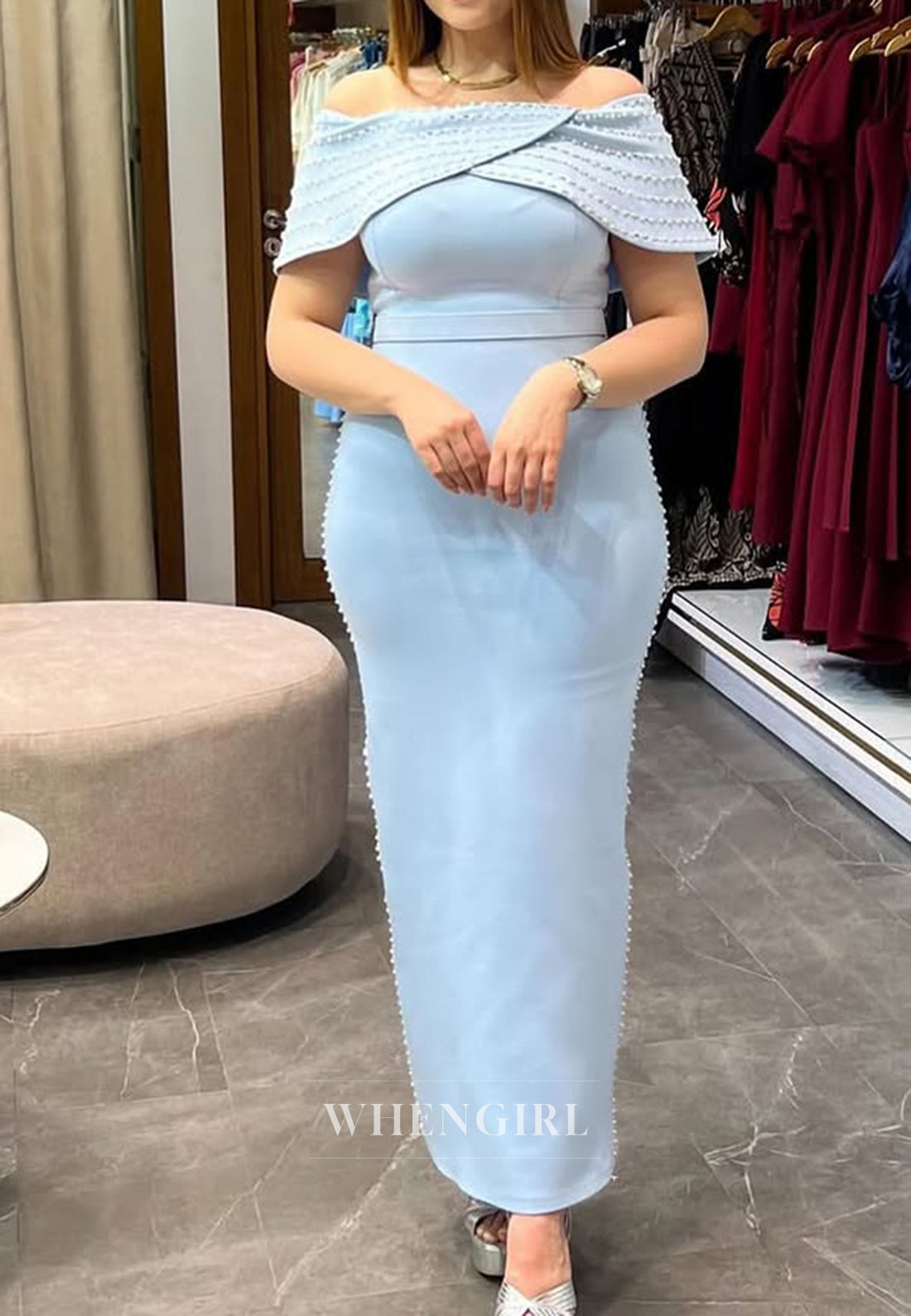 Elegant Sheath Off Shoulder Beaded Ankle Length Formal Evening Gown Party Dress