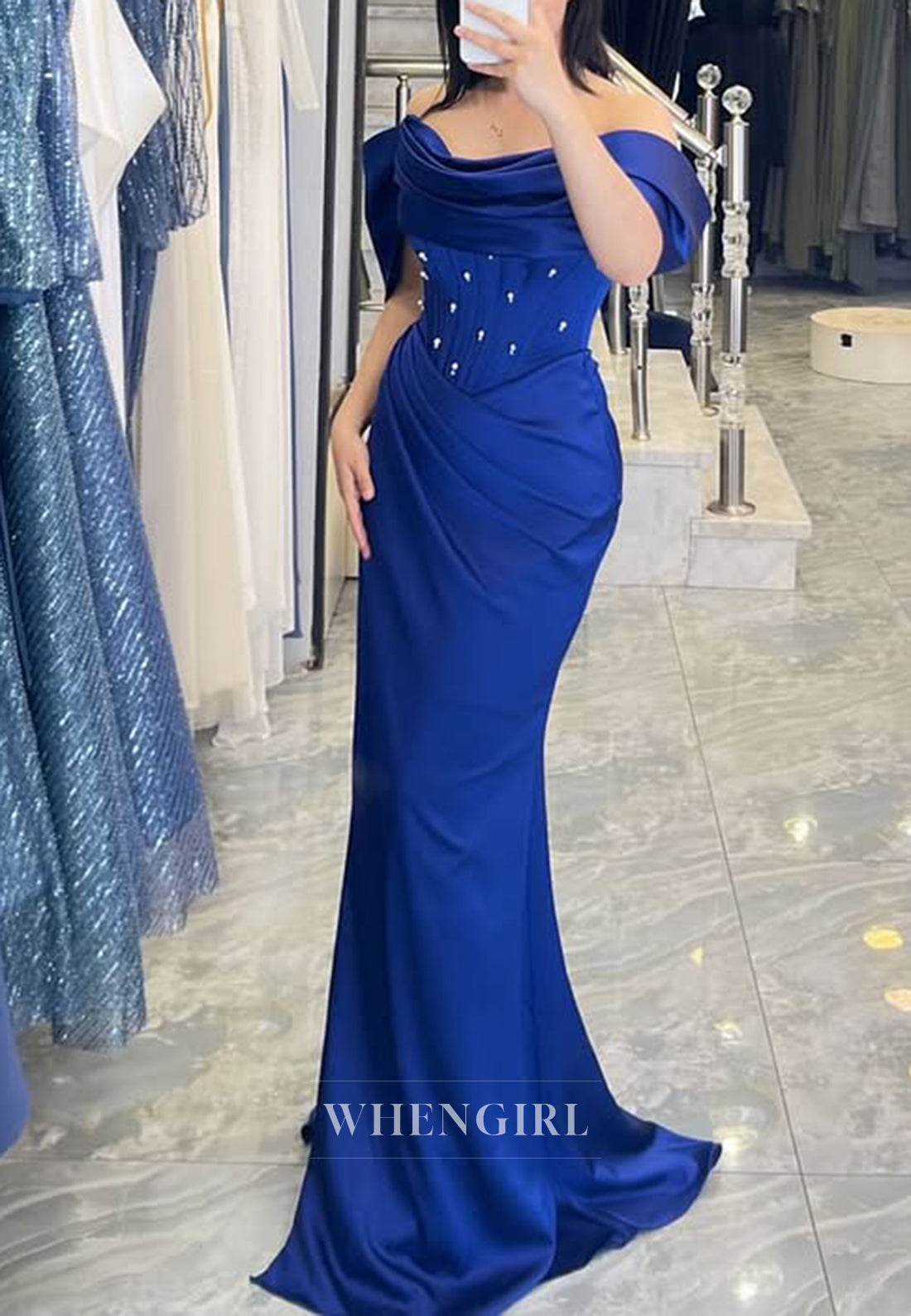 Royal Blue Off Shoulder Ruched Pearls Beading Corset Sheath Long Evening Formal Dress
