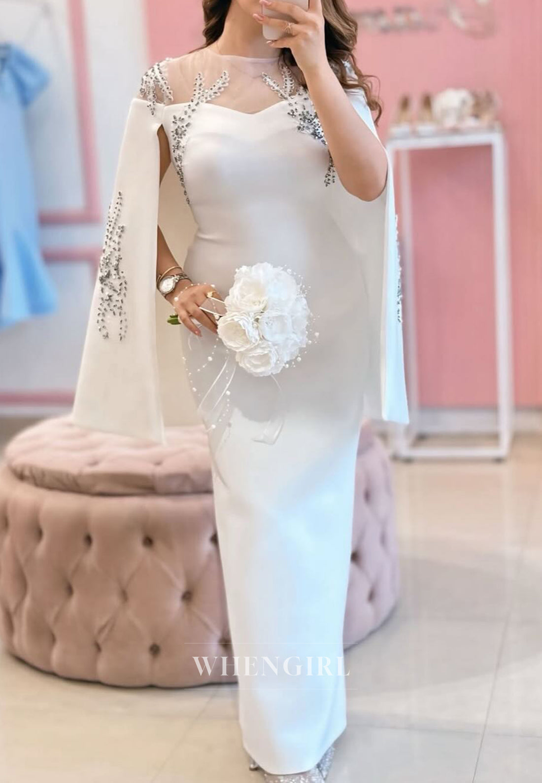 Sheath Illusion Neck Beaded Floor Length Wedding Dress