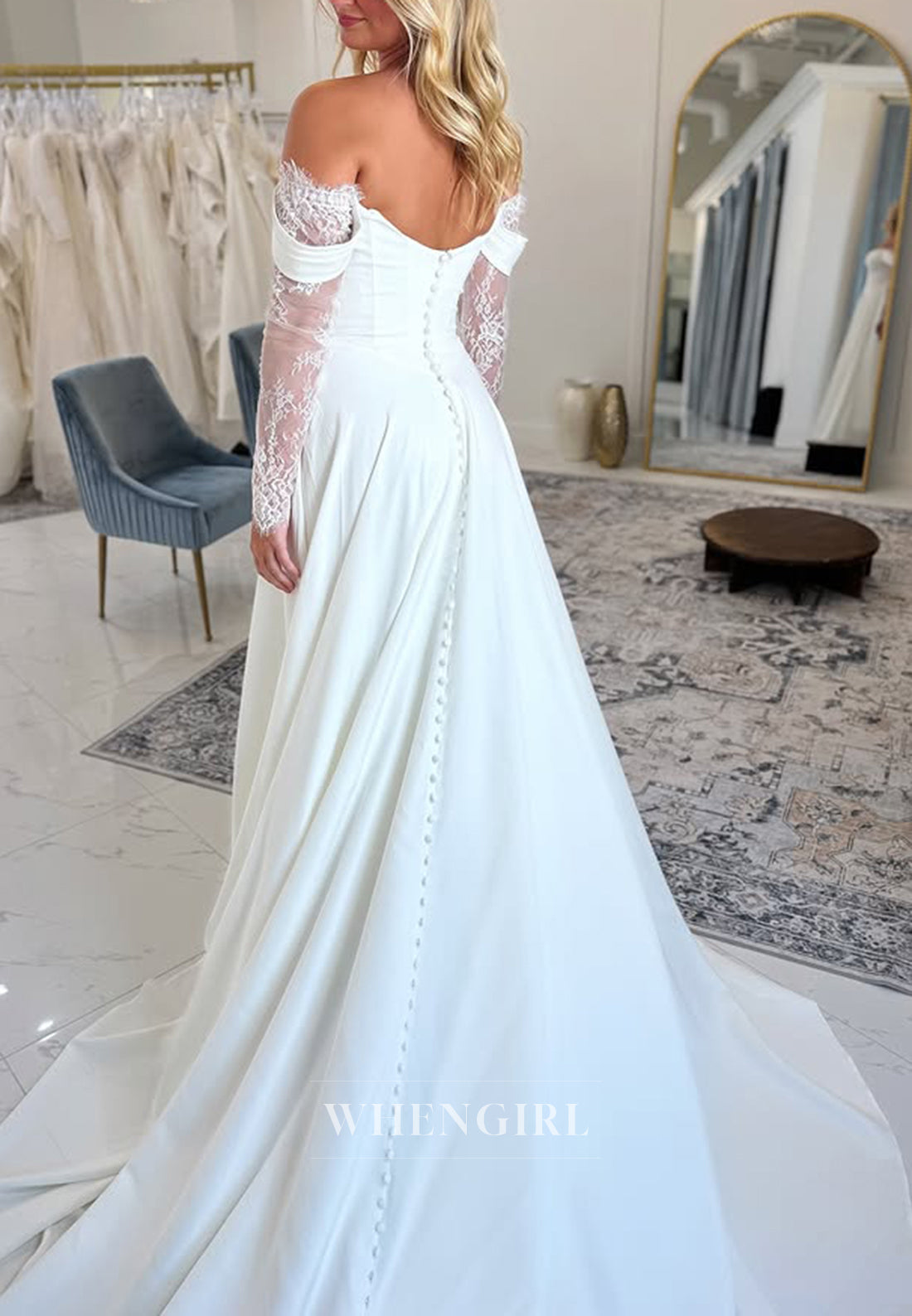 A-Line Off Shoulder Long Lace Sleeves Side Slit Sweep Train Wedding Dress