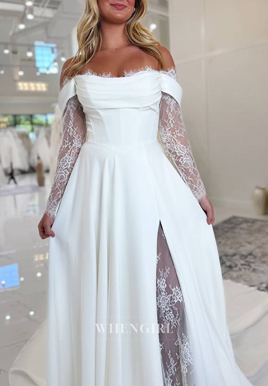 A-Line Off Shoulder Long Lace Sleeves Side Slit Sweep Train Wedding Dress