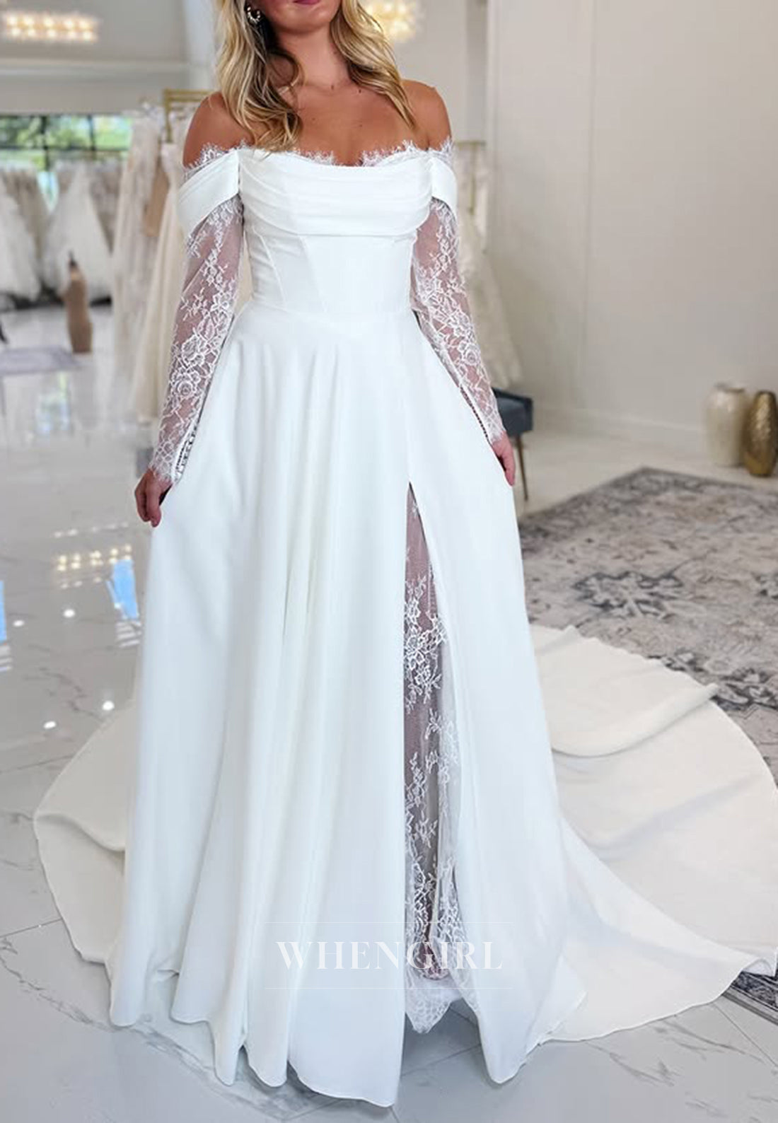 A-Line Off Shoulder Long Lace Sleeves Side Slit Sweep Train Wedding Dress