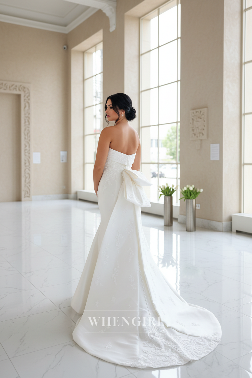 Tube Top Embroidery Beaded Bowknot Sweep Trian Mermaid Wedding Dress
