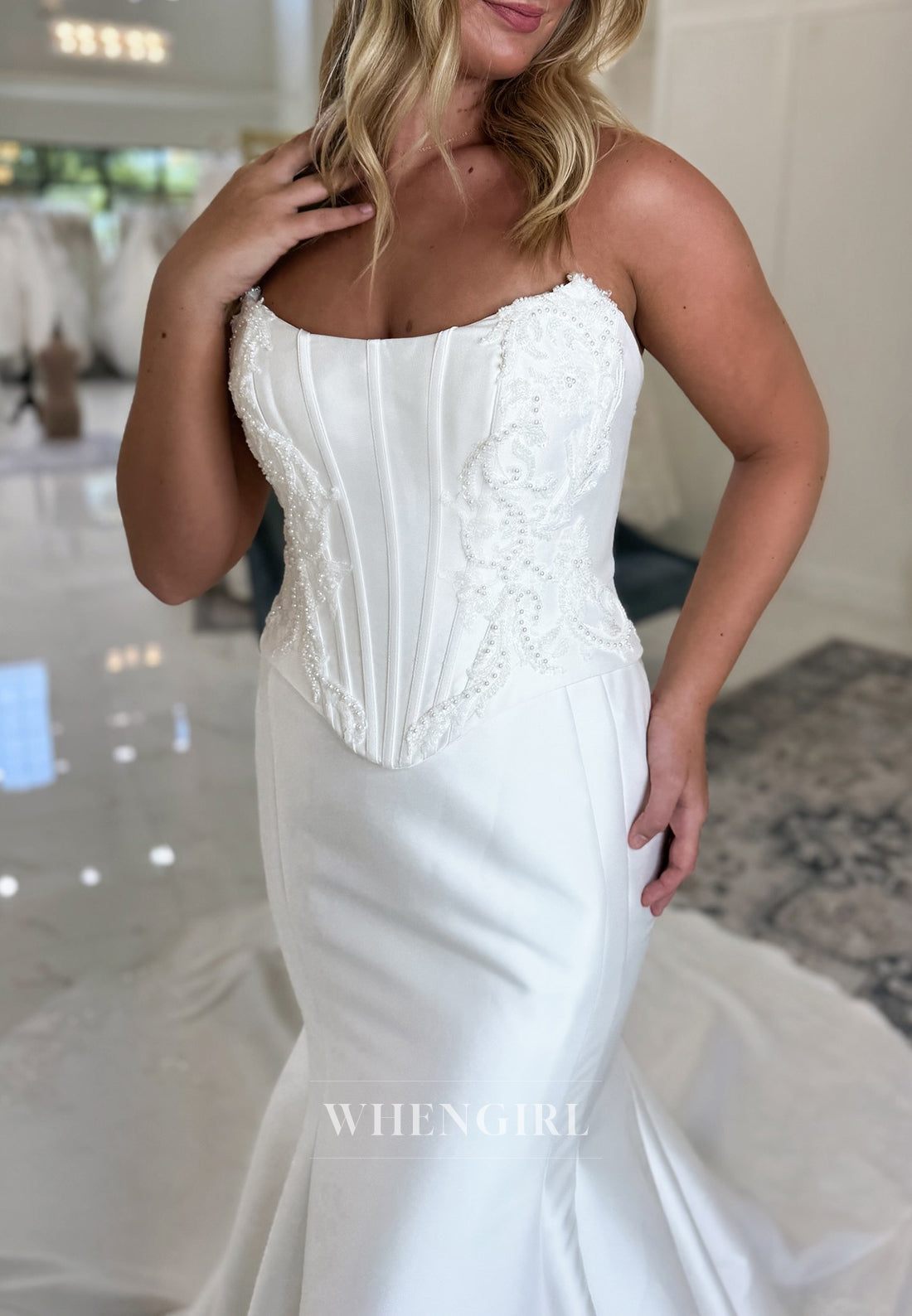 Strapless Mermaid Satin Beaded Corset Court Train Sleeveless Wedding Dress