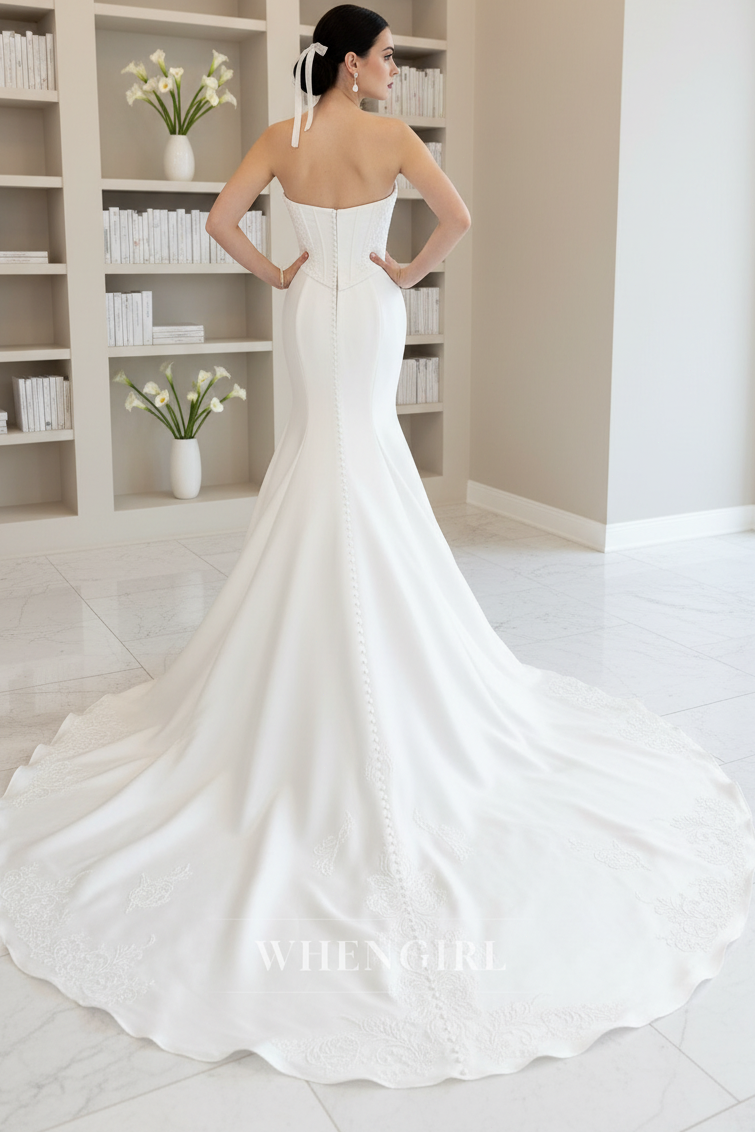 Strapless Mermaid Satin Beaded Corset Court Train Sleeveless Wedding Dress
