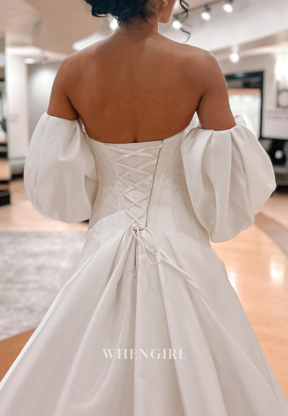 Mermaid Strapless Lace Up Lantern Sleeves Pleated Court Train Wedding Dress