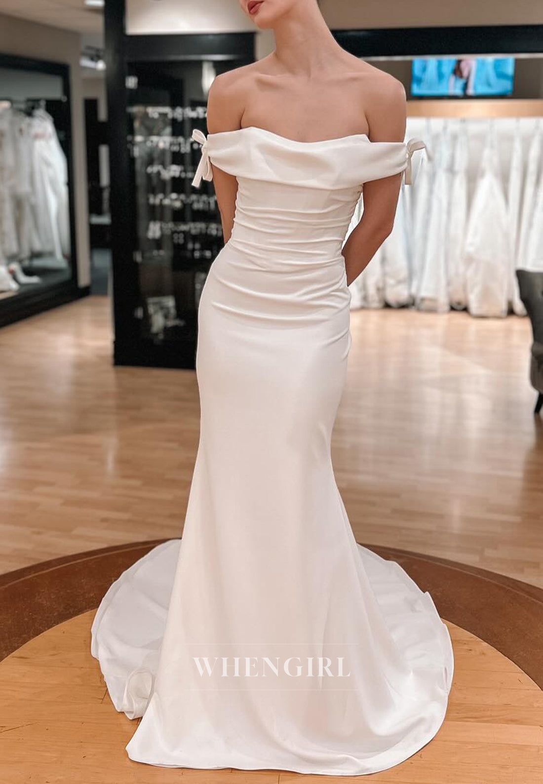 Mermaid Off Shoulder Sleeveless Simple Wedding Dress with Sweep Train