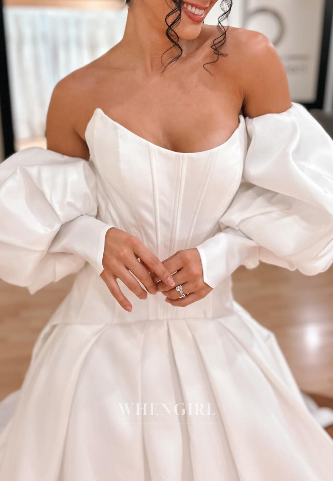 Mermaid Strapless Lace Up Lantern Sleeves Pleated Court Train Wedding Dress