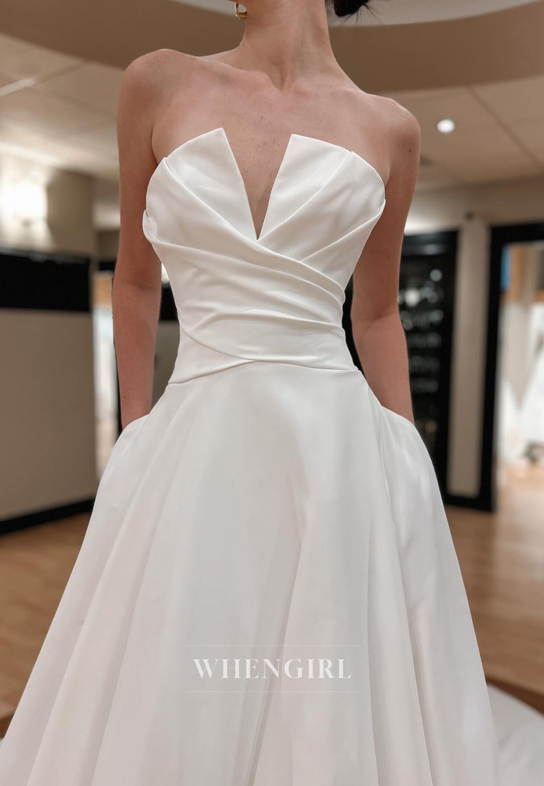 Pleated V Neck Pockets Sleeveless A-Line Wedding Dress with Court Train