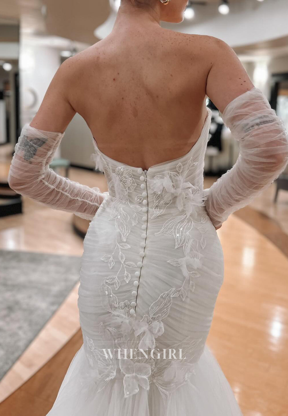 V Neck Long Sleeves Appliqued Back Zipper Strapless Mermaid Wedding Dress with Court Train