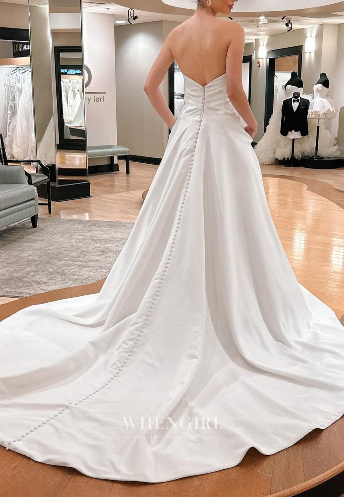 Pleated V Neck Pockets Sleeveless A-Line Wedding Dress with Court Train